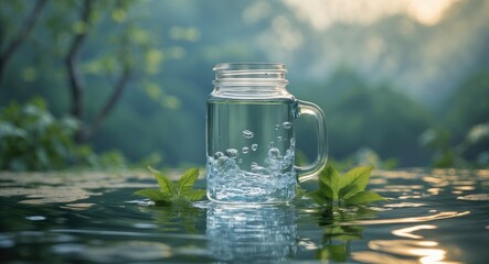 Wall Mural - Clear Jar of Water Amidst Nature with Green Leaves and Soft Background Light for Text Placement