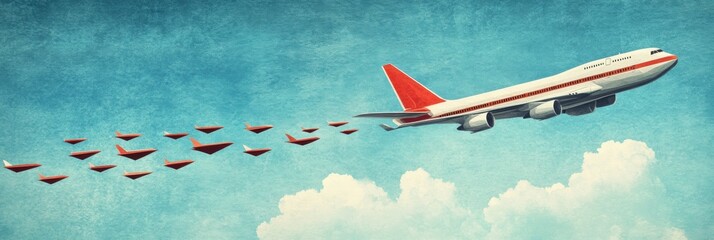 Aufkleber - Red and white airplane leads paper plane formation across brilliant blue sky showcasing leadership and direction. Generative AI