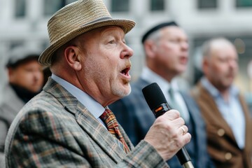 Mature caucasian male singing outdoors in stylish plaid suit with microphone