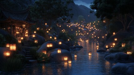Fototapete - A hidden valley with floating lanterns lighting up a river at dusk