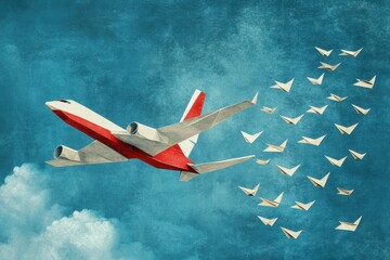 Aufkleber - Red and white airplane leads a formation of paper planes in a vibrant blue sky. Generative AI