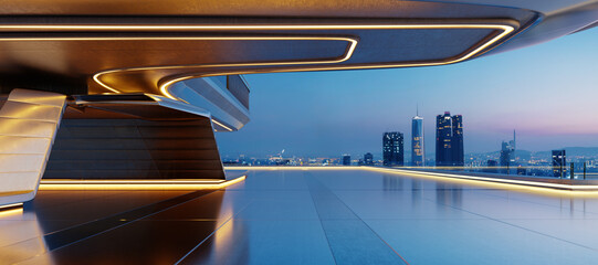 Wall Mural - 3D Futuristic building interior overlooking illuminated cityscape at dusk