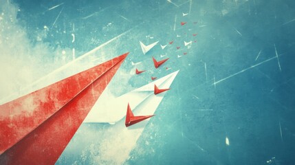 Fototapete - Red and white airplane leads formation of paper planes in clear blue sky showcasing leadership and direction. Generative AI