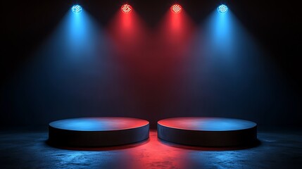 Wall Mural - Two circular podiums lit by blue and red spotlights; dark background, product display