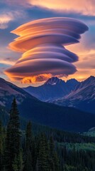 Wall Mural - Lenticular clouds over mountain peaks at sunset with lush green forest in foreground. Majestic landscape and atmospheric phenomena concept