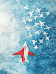 Poster - Red and white airplane leads a formation of smaller paper planes in a bright blue sky representing leadership. Generative AI