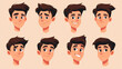 © Ruhi - Young oriental man face construction kit. Cartoon vector illustration set of facial parts for creation male avatars with different emotions, noses and eyes, brows and hairstyles. Guy head generator.