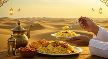 Wall Mural - savoring traditional biryani in a desert setting