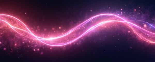 Wall Mural - glowing pink purple lines across black background. wave shaped curved neon stripes with scattered li