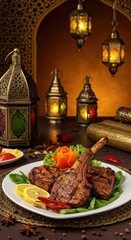 Wall Mural - delicious grilled lamb chops with exotic spices and garnishes