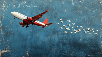 Wall Mural - Red and white airplane leads formation of paper planes in stunning blue sky representing leadership and direction. Generative AI