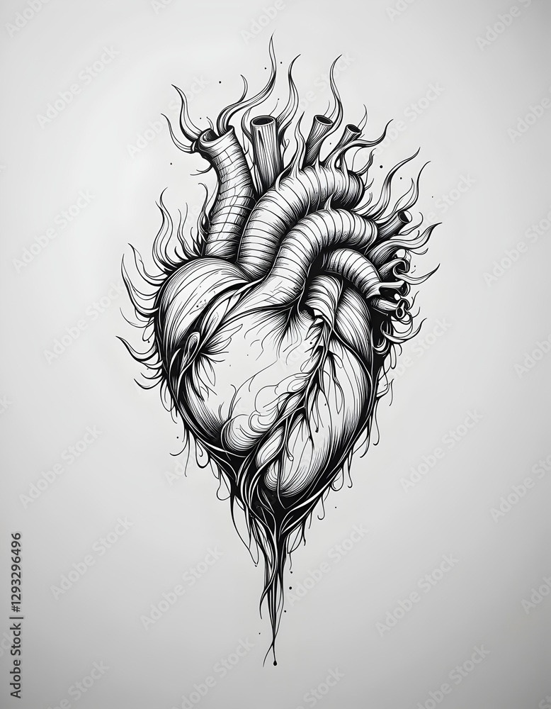 black and white illustration of a human heart done in a tattoo style ...