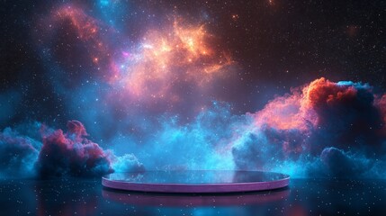 floating transparent podium in the middle of a starry galaxy