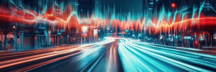 Poster - Urban road vibrates with energy as layered sound waves create an abstract visual at night. Generative AI