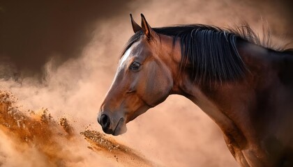 Naklejka na meble Elegant Bay Horse Framed Against a Dusty Backdrop, Capturing the Serene Mood and Grace of Natures Majestic Creatures in a Timeless Moment.