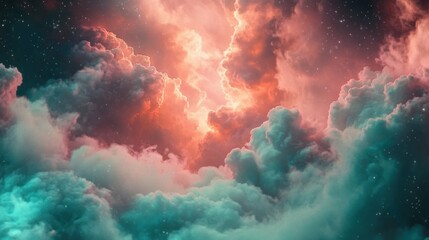 Wall Mural - cosmic clouds with bright pink and teal tones, swirling patterns, scattered stars, ethereal feel, dr
