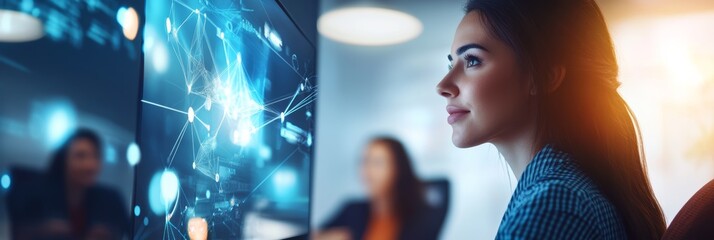 a focused woman observes digital data on a screen, symbolizing technology, innovation, and collabora