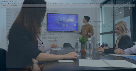 Wall Mural - Image of data processing over diverse colleagues having meeting in office