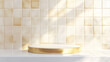 © Ruhi - Kitchen or bathroom tile background and gold podium. 3d white shelf or table scene for product display on ceramic texture. Golden cylinder platform in toilet room interior or realistic countertop.
