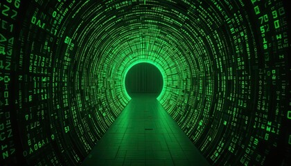 A digital tunnel modeled after a matrix with streams of green code that cascade