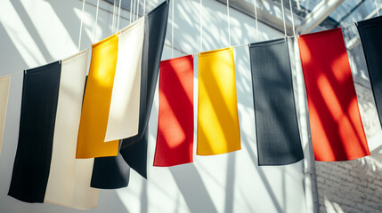 Realistic set of fabric banners hanging on ropes isolated on transparent background. Vector illustration of horizontal poster mockups in yellow, red, black, white colors, blank background for text