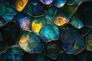 Fototapete - Abstract image of iridescent, jewel-toned, mosaic-like shapes resembling stained glass or oil droplets.