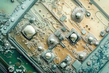 Aufkleber - Close-up of a weathered circuit board, showcasing intricate details and aged components.