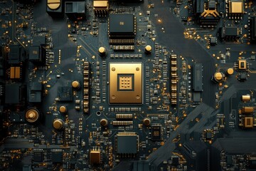 Aufkleber - Close-up of a complex circuit board with gold connectors and integrated circuits.