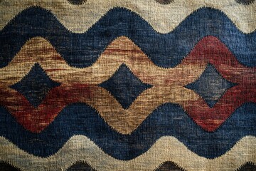 Aufkleber - Woven textile with wavy pattern and diamond shapes in blue, brown, and red hues.
