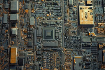 Poster - Intricate circuitry design; complex electronic components densely packed on a microchip.