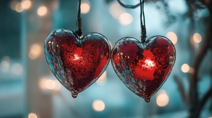 Wall Mural - Two red hearts with glitter on a background of beautiful lights, symbolizing love and romance for a Valentine's Day celebration