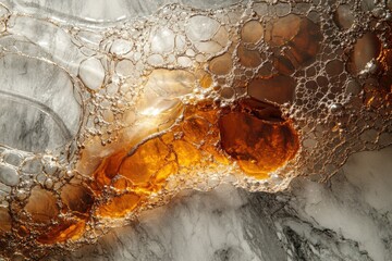 Poster - Amber liquid with bubbles on a marble surface, abstract texture.