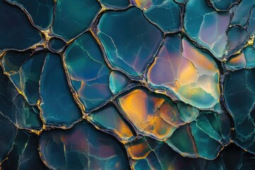 Leinwandbilder - Abstract image of iridescent gemstone with teal, gold, and purple hues, resembling a mosaic.