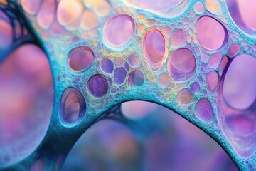 Leinwandbilder - Abstract iridescent network of interconnected bubbles, resembling a microscopic structure or organic form.