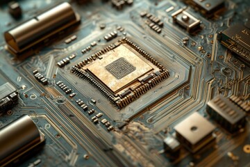 Poster - Close-up of a circuit board showcasing a central processor unit and intricate circuitry.