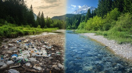 Wall Mural - comparison of a polluted river filled with trash versus a clear water stream showcasing environmenta