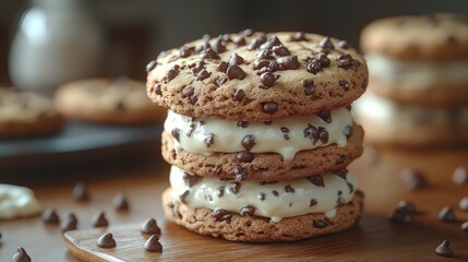 Wall Mural - Cookie ice cream sandwiches in closeup, with vanilla ice cream and chocolate chip cookies in the backdrop. A table with a realistic, appetizing appearance