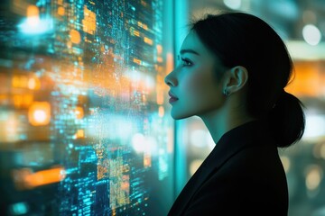 Aufkleber - A woman gazes at a futuristic, data-filled cityscape, contemplating technological advancements and their impact.
