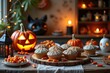 © WoodHunt - A vibrant Halloween feast on a table with spider-web cakes, candy corn, and eerie masks. Flickering lanterns cast ghostly shadows around the festive setting.