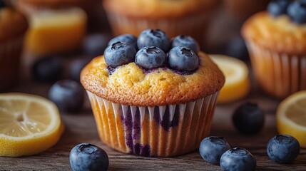 Wall Mural - A rustic wooden table with a variety of freshly cooked muffins, with a focus on a traditional blueberry muffin that is golden-brown and has blueberries bursting through. Muffins surrounded by lemon po