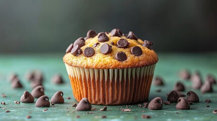 Wall Mural - Three chocolate chips encircle a chocolate chip muffin on a vivid green background. Product photography, studio lighting, and front view 