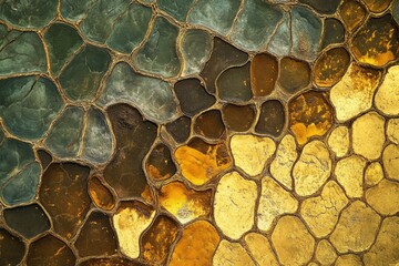 Aufkleber - Abstract aerial view of  irregularly shaped golden and green stones forming a mosaic pattern.