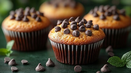 Wall Mural - Three chocolate chips encircle a chocolate chip muffin on a vivid green background. Product photography, studio lighting, and front view 