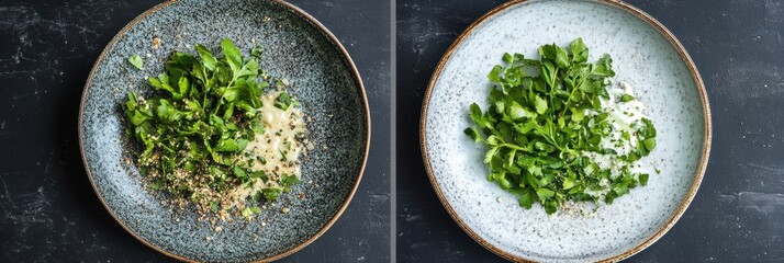 Aufkleber - Fresh greens and herbs on elegant plates prepared for a vibrant culinary dish in a modern kitchen setting. Generative AI