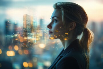 Poster - A woman gazes at a cityscape at night, her face superimposed with city lights, symbolizing ambition and dreams.