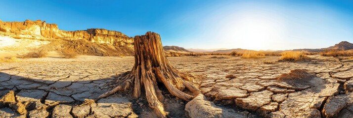 Aufkleber - Vast dry desert landscape with cracked earth and lone tree stump under bright sunlight and clear sky. Generative AI