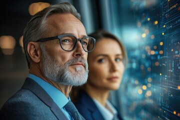Aufkleber - A mature man and woman look thoughtfully at a digital interface, considering technological advancements and future implications.