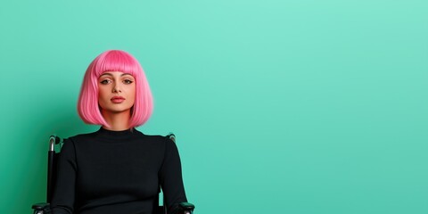 Wall Mural - A woman with pink hair sits in a chair. The chair is black and the background is green