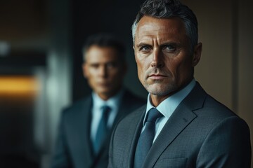 Poster - Confident businessman in suit, serious expression, blurred colleague in background.
