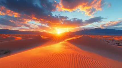 Wall Mural - Sunset over desert sand dunes with vibrant colors and dramatic clouds, tranquil and serene atmosphere. Natural beauty and adventure concept